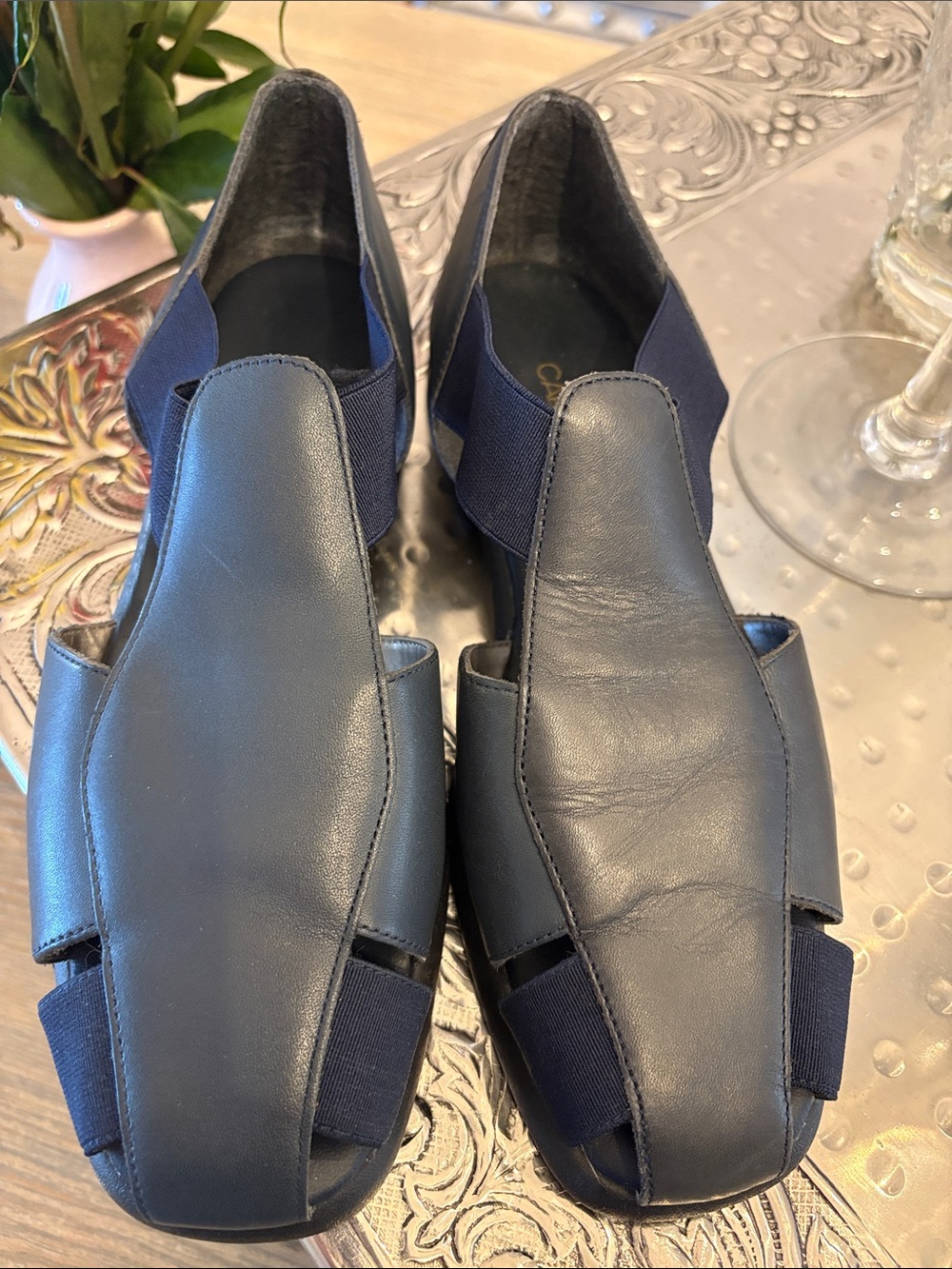 Women's Navy Leather Slip-On Flats with Elastic Panels